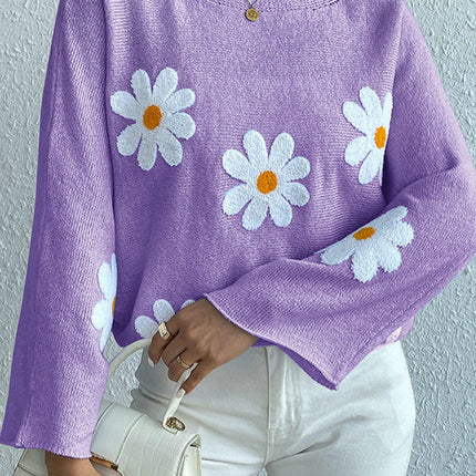 Round Neck Embroidered Flower Women's Loose One Shoulder Pullover Sweater