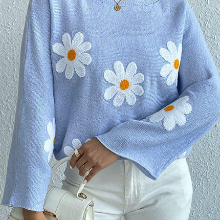 Round Neck Embroidered Flower Women's Loose One Shoulder Pullover Sweater