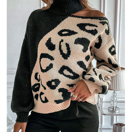Autumn Sweater Women's Sexy Off-shoulder Leopard Print Turtleneck Pullover