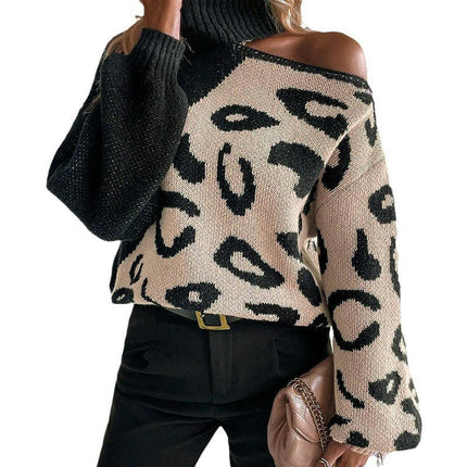 Autumn Sweater Women's Sexy Off-shoulder Leopard Print Turtleneck Pullover