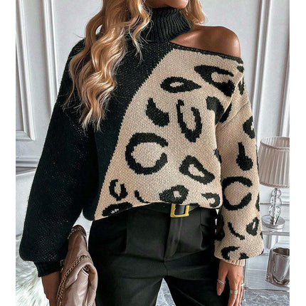 Autumn Sweater Women's Sexy Off-shoulder Leopard Print Turtleneck Pullover