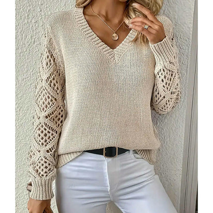 Women's Hollow Out Sweater V Neck Long Sleeve Knit Pullover Top Fall Fashion