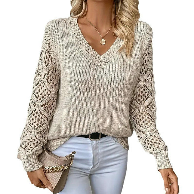 Women's Hollow Out Sweater V Neck Long Sleeve Knit Pullover Top Fall Fashion
