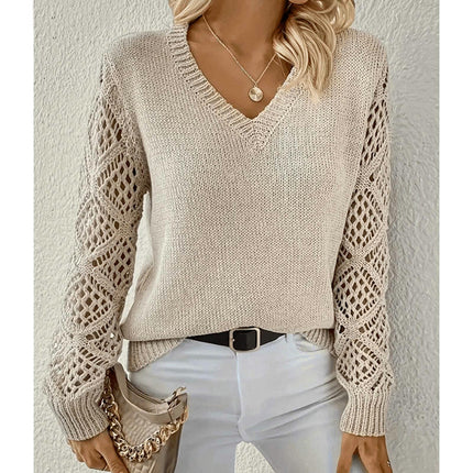 Women's Hollow Out Sweater V Neck Long Sleeve Knit Pullover Top Fall Fashion