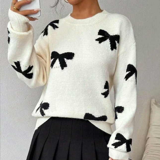 Women's Autumn Long Sleeve Sweater Round Neck Bow Jacquard Pullover Cardigan
