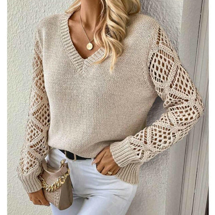 Women's Hollow Out Sweater V Neck Long Sleeve Knit Pullover Top Fall Fashion