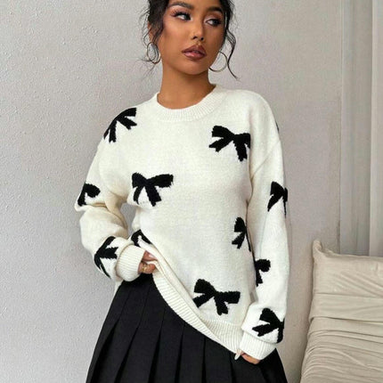 Women's Autumn Long Sleeve Sweater Round Neck Bow Jacquard Pullover Cardigan