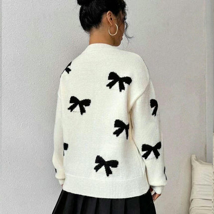 Women's Autumn Long Sleeve Sweater Round Neck Bow Jacquard Pullover Cardigan