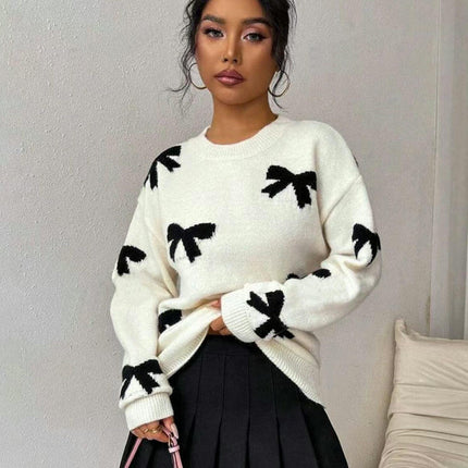 Women's Autumn Long Sleeve Sweater Round Neck Bow Jacquard Pullover Cardigan