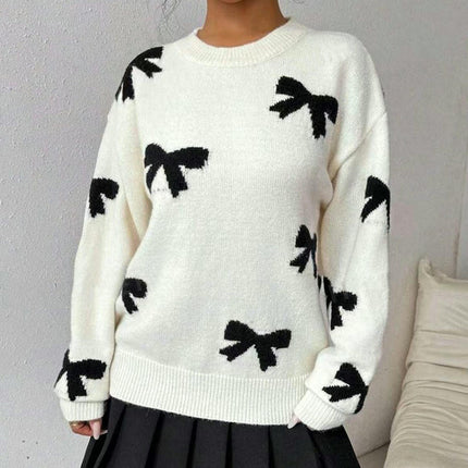 Women's Autumn Long Sleeve Sweater Round Neck Bow Jacquard Pullover Cardigan