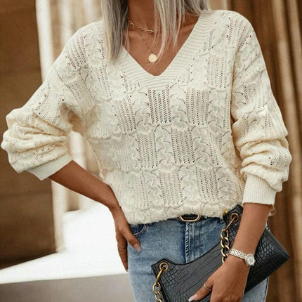 Women's V-neck Hollow Pullover Sweater Long Sleeve Back Tie Knitted Sweater