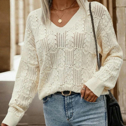 Women's V-neck Hollow Pullover Sweater Long Sleeve Back Tie Knitted Sweater