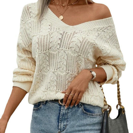 Women's V-neck Hollow Pullover Sweater Long Sleeve Back Tie Knitted Sweater