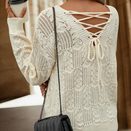 Women's V-neck Hollow Pullover Sweater Long Sleeve Back Tie Knitted Sweater