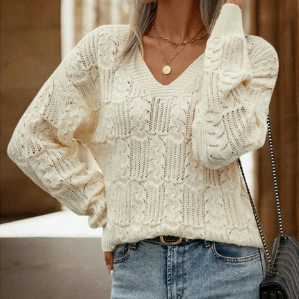 Women's V-neck Hollow Pullover Sweater Long Sleeve Back Tie Knitted Sweater