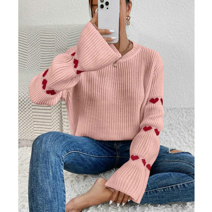 Women's Fashion Loose Long Sleeve Sweater Heart Round Neck Pullover Cardigan
