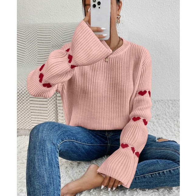Women's Fashion Loose Long Sleeve Sweater Heart Round Neck Pullover Cardigan
