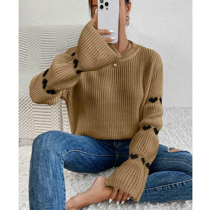 Women's Fashion Loose Long Sleeve Sweater Heart Round Neck Pullover Cardigan