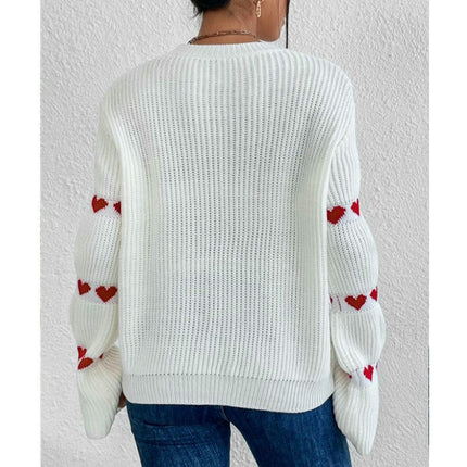 Women's Fashion Loose Long Sleeve Sweater Heart Round Neck Pullover Cardigan