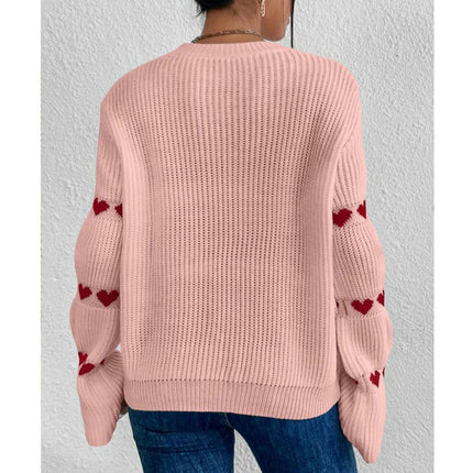 Women's Fashion Loose Long Sleeve Sweater Heart Round Neck Pullover Cardigan
