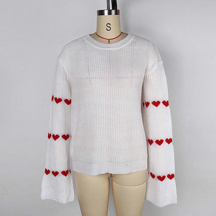 Women's Fashion Loose Long Sleeve Sweater Heart Round Neck Pullover Cardigan