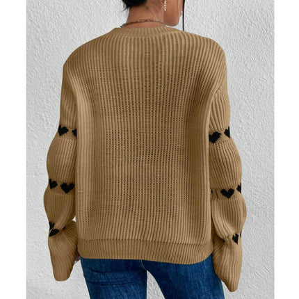 Women's Fashion Loose Long Sleeve Sweater Heart Round Neck Pullover Cardigan