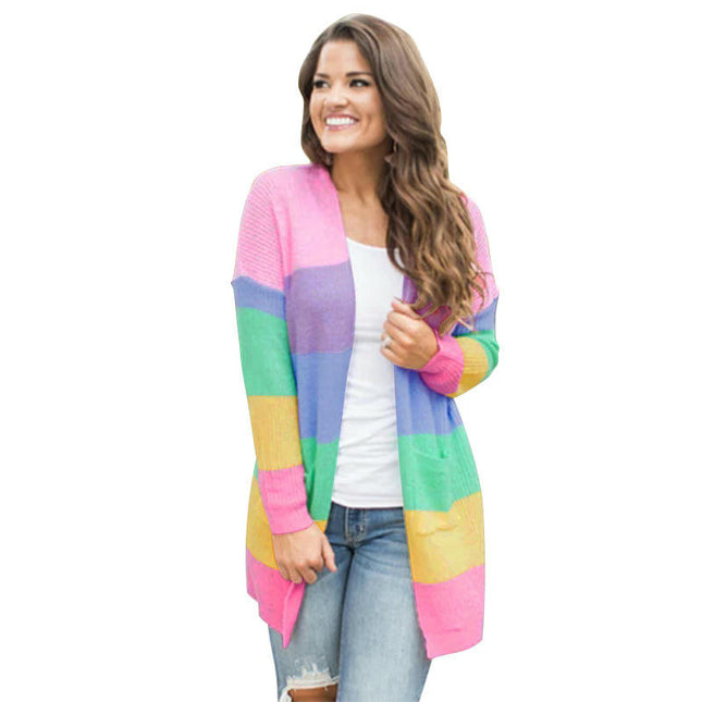Women's Long Sleeve Loose Color Contrast Striped Knitted Cardigan Long Coat