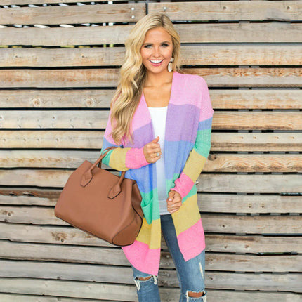 Women's Long Sleeve Loose Color Contrast Striped Knitted Cardigan Long Coat