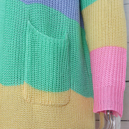Women's Long Sleeve Loose Color Contrast Striped Knitted Cardigan Long Coat