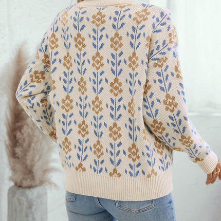 Women's Autumn Sweater Round Neck Loose Long Sleeve Floral Pullover Cardigan
