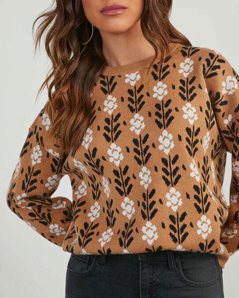 Women's Autumn Sweater Round Neck Loose Long Sleeve Floral Pullover Cardigan