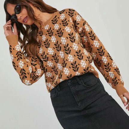 Women's Autumn Sweater Round Neck Loose Long Sleeve Floral Pullover Cardigan