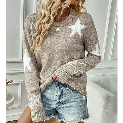 Womens Autumn and Winter Casual Sweater Star Round Neck Long Sleeve Pullover Top