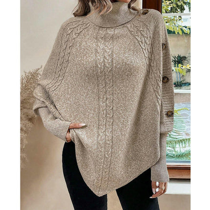 Women's Cable Cape Batwing Sweater Turtleneck Button Decoration Long Sleeve Sweater