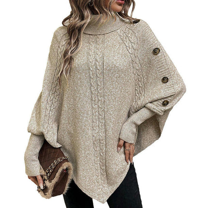 Women's Cable Cape Batwing Sweater Turtleneck Button Decoration Long Sleeve Sweater