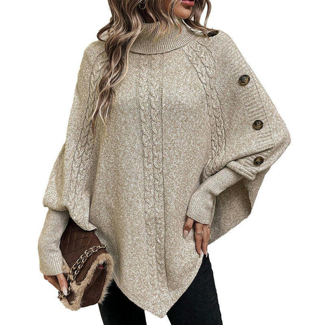 Women's Cable Cape Batwing Sweater Turtleneck Button Decoration Long Sleeve Sweater