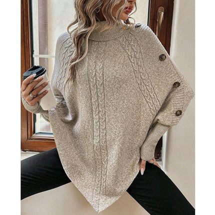 Women's Cable Cape Batwing Sweater Turtleneck Button Decoration Long Sleeve Sweater