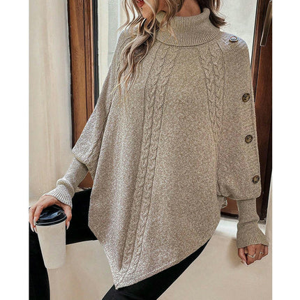 Women's Cable Cape Batwing Sweater Turtleneck Button Decoration Long Sleeve Sweater