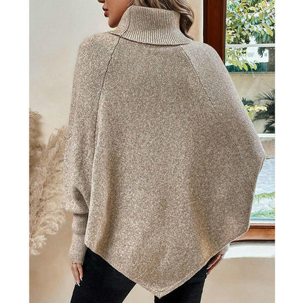 Women's Cable Cape Batwing Sweater Turtleneck Button Decoration Long Sleeve Sweater
