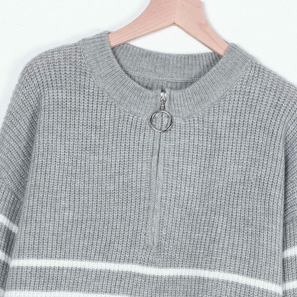 Women's Autumn Striped Colorblock Long Sleeve Top Zipper Pullover Sweater