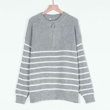 Women's Autumn Striped Colorblock Long Sleeve Top Zipper Pullover Sweater