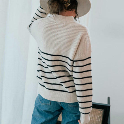 Women's Autumn Striped Colorblock Long Sleeve Top Zipper Pullover Sweater