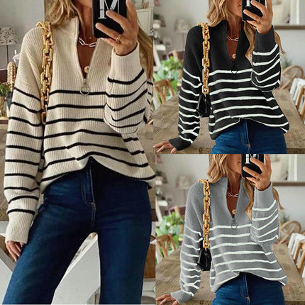 Women's Autumn Striped Colorblock Long Sleeve Top Zipper Pullover Sweater