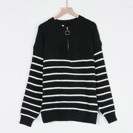 Women's Autumn Striped Colorblock Long Sleeve Top Zipper Pullover Sweater