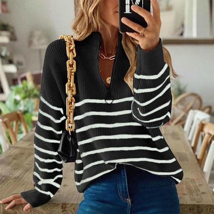 Women's Autumn Striped Colorblock Long Sleeve Top Zipper Pullover Sweater