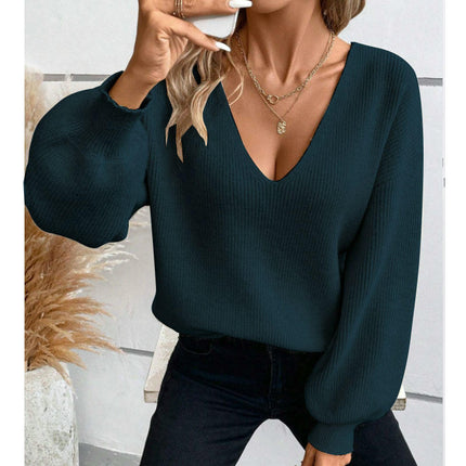 Women's V-neck Solid Color Sweater Autumn Long Sleeve Loose Casual Bow Top