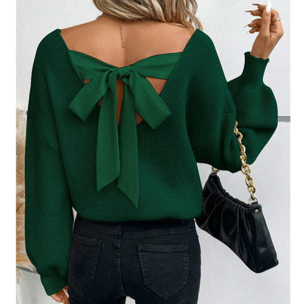 Women's V-neck Solid Color Sweater Autumn Long Sleeve Loose Casual Bow Top