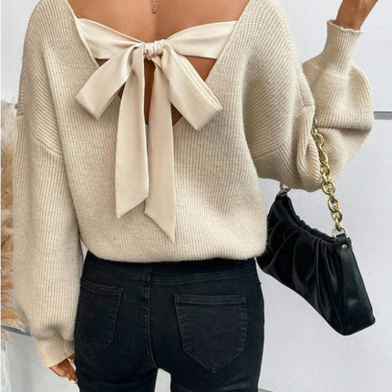 Women's V-neck Solid Color Sweater Autumn Long Sleeve Loose Casual Bow Top