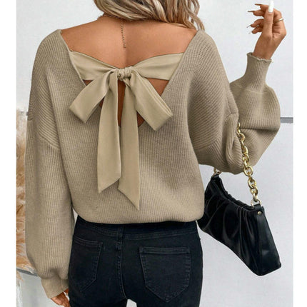 Women's V-neck Solid Color Sweater Autumn Long Sleeve Loose Casual Bow Top