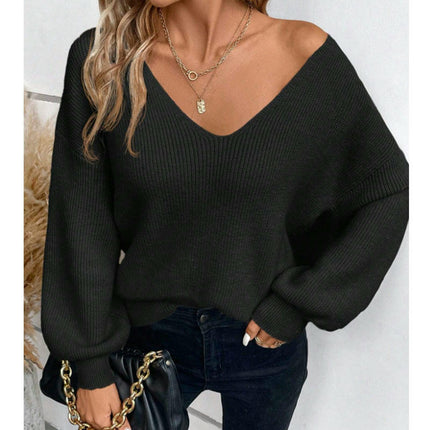 Women's V-neck Solid Color Sweater Autumn Long Sleeve Loose Casual Bow Top